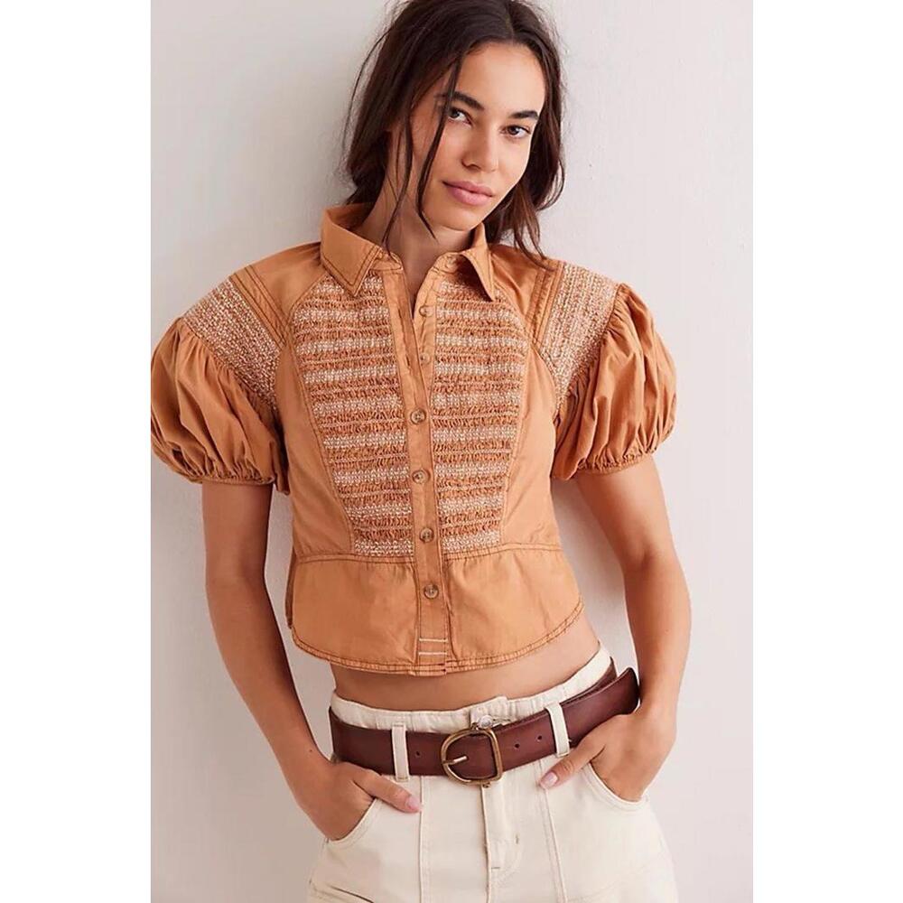 Free People We The Free Molly Smocked Blouse Western Boho Women’s Size S EUC